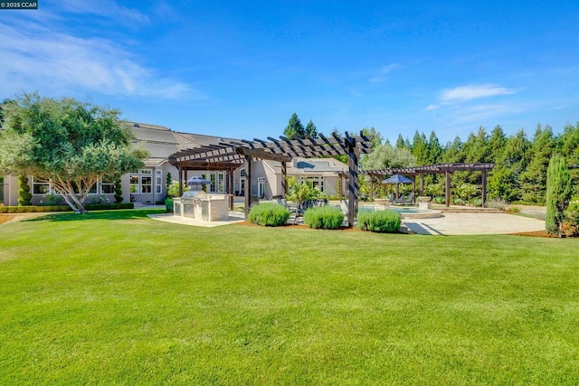 view of yard with a patio, a pergola, and exterior kitchen