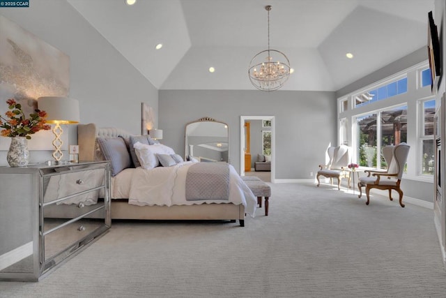 carpeted bedroom featuring an inviting chandelier and high vaulted ceiling