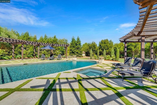 view of swimming pool with an in ground hot tub, a patio, and a pergola