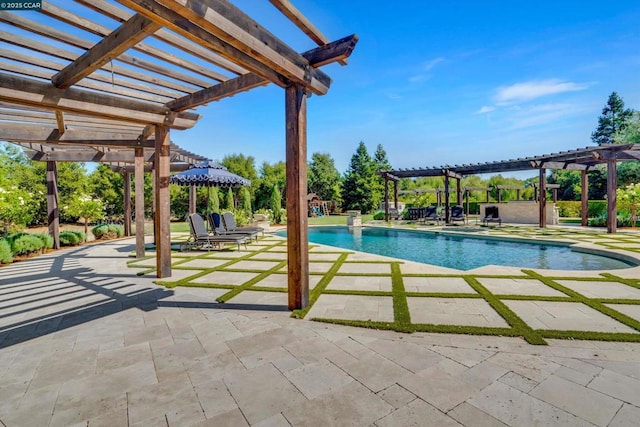 view of pool with a patio and a pergola