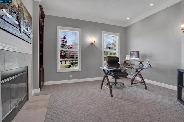 home office with light colored carpet and ornamental molding