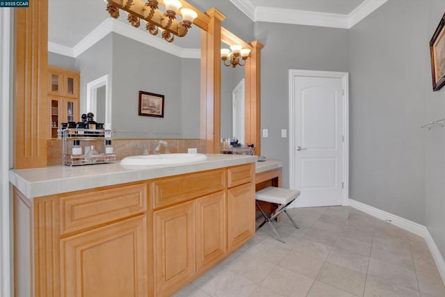 bathroom featuring vanity, ornamental molding, and tile patterned flooring