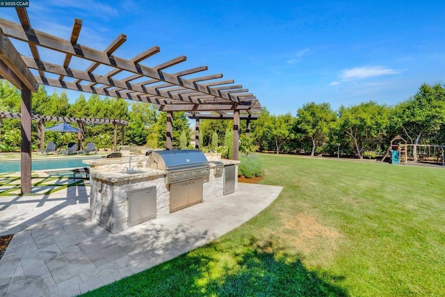 view of patio featuring a playground, grilling area, area for grilling, and a pergola