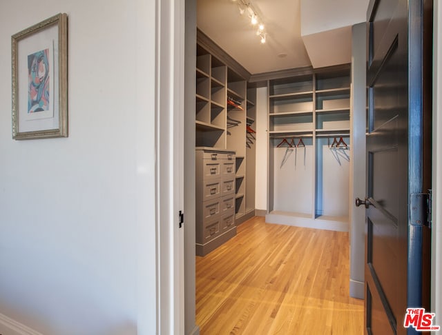 walk in closet with light hardwood / wood-style floors