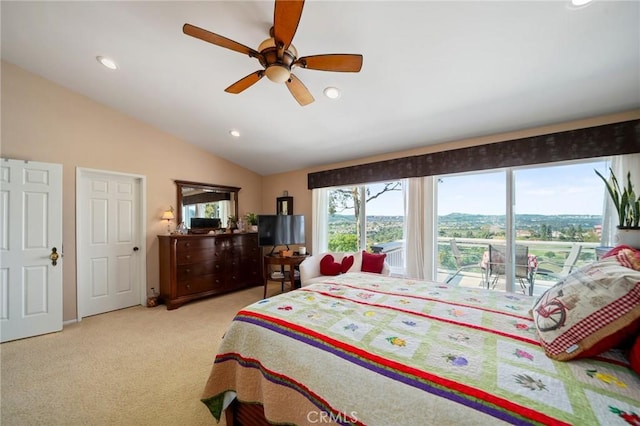 bedroom with ceiling fan, lofted ceiling, and light carpet