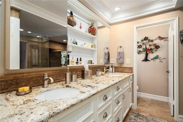 bathroom featuring crown molding, vanity, toilet, and walk in shower