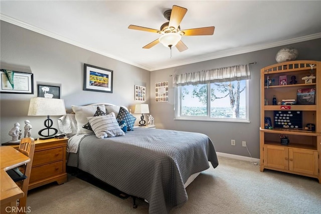 carpeted bedroom featuring crown molding and ceiling fan