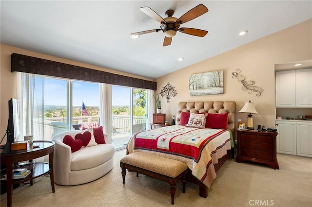 bedroom featuring ceiling fan, lofted ceiling, light carpet, and access to outside