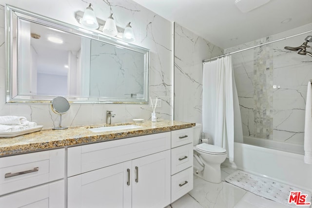 full bathroom featuring vanity, toilet, and shower / bathtub combination with curtain