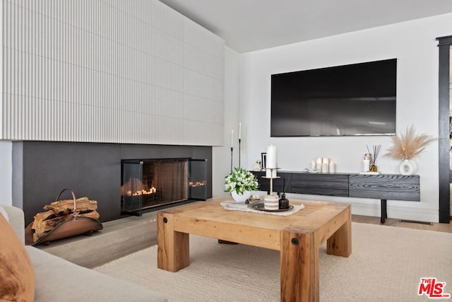 living room with light hardwood / wood-style flooring and a fireplace