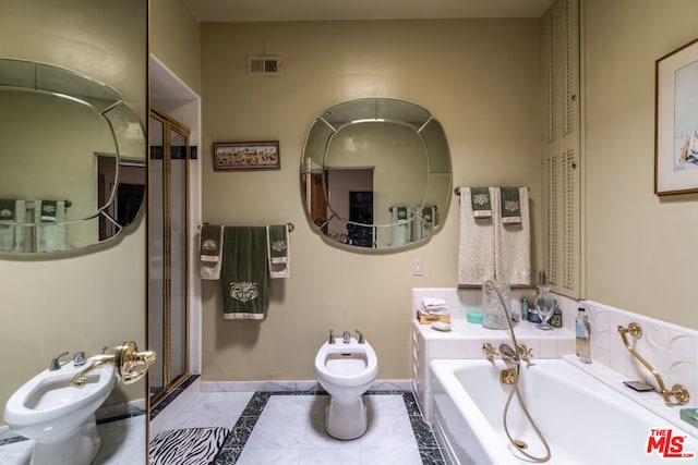 bathroom with a bidet, tile patterned floors, and plus walk in shower