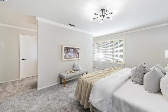 carpeted bedroom with crown molding