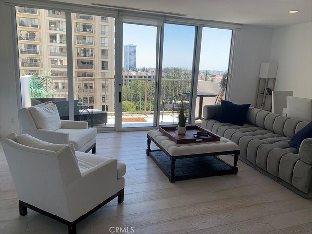 living room with light hardwood / wood-style floors and a wall of windows