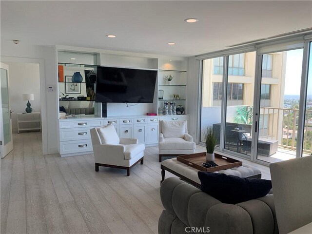 living room featuring light hardwood / wood-style floors and expansive windows