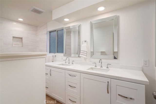 bathroom with wood-type flooring and vanity