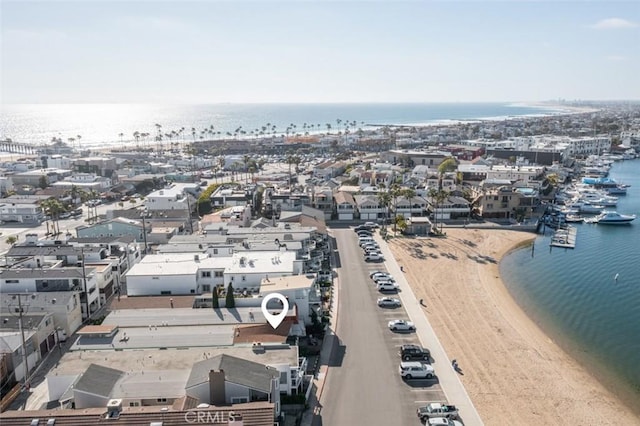 aerial view featuring a beach view and a water view