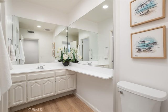 bathroom featuring vanity, toilet, and wood-type flooring