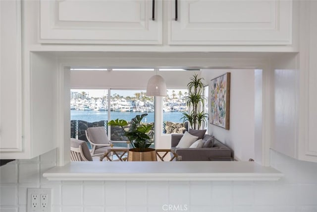 room details with white cabinetry and a water view