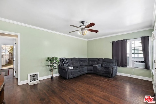 living room with ceiling fan, cooling unit, crown molding, and dark hardwood / wood-style floors