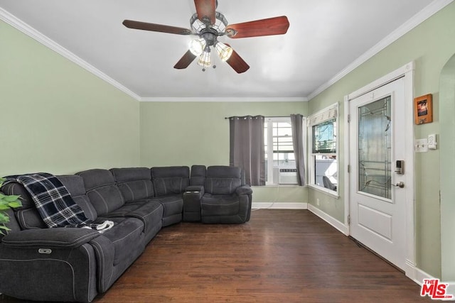 living room with ceiling fan, cooling unit, dark hardwood / wood-style flooring, and crown molding