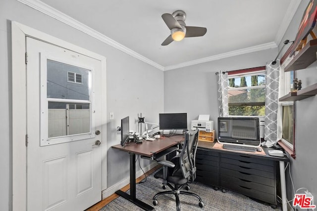 office space with hardwood / wood-style floors, ceiling fan, and ornamental molding