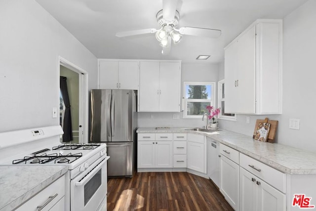 kitchen with white cabinetry, dark hardwood / wood-style flooring, stainless steel appliances, sink, and ceiling fan