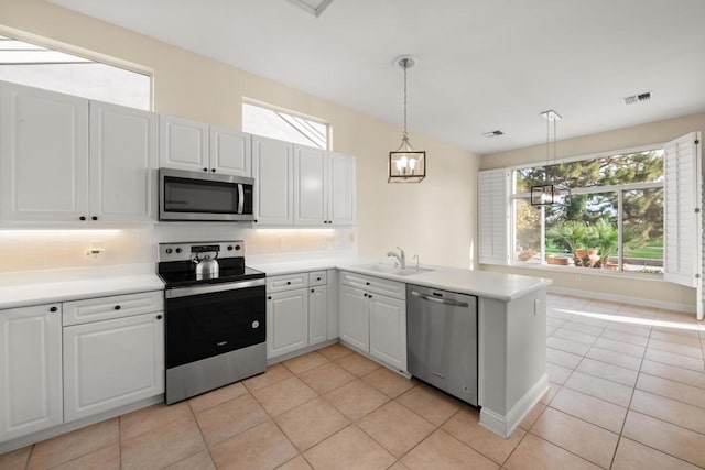 kitchen featuring hanging light fixtures, white cabinets, sink, kitchen peninsula, and stainless steel appliances