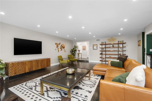 living room with dark wood-type flooring