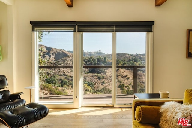 doorway to outside with a mountain view, hardwood / wood-style flooring, and beam ceiling