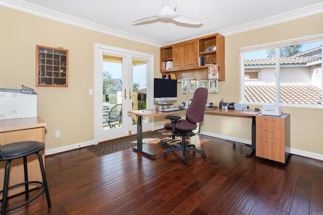 office space with a wealth of natural light, dark hardwood / wood-style flooring, and ornamental molding