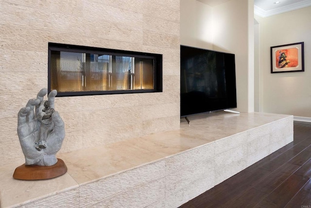 interior details featuring crown molding and wood finished floors