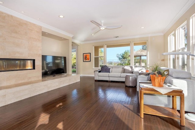 living room with a wealth of natural light, a fireplace, wood finished floors, and crown molding