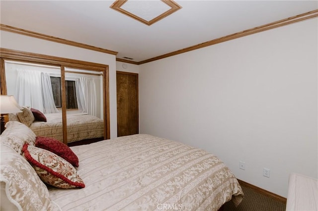 carpeted bedroom with crown molding