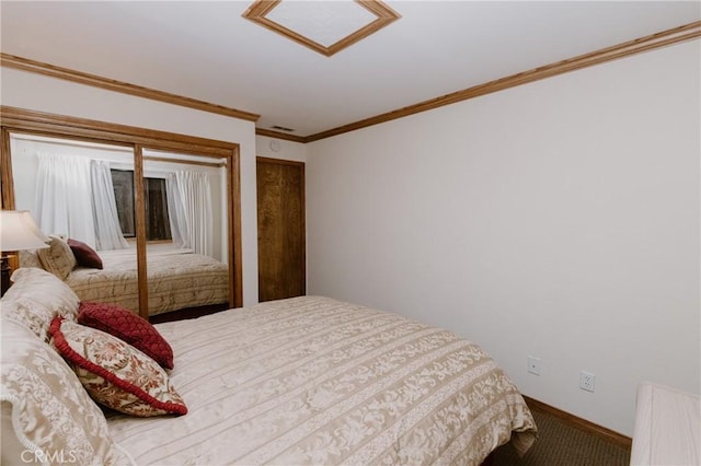 41984 Mapleleaf Dr, Big Bear Lake, CA 92315 - bedroom with carpet floors, attic access, baseboards, and crown molding