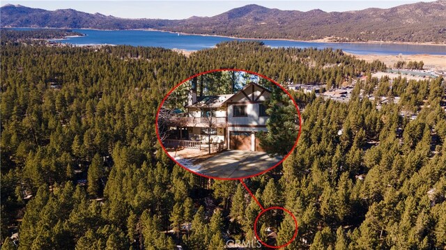 41984 Mapleleaf Dr, Big Bear Lake, CA 92315 - view from above of property featuring a heavily wooded area and a water and mountain view