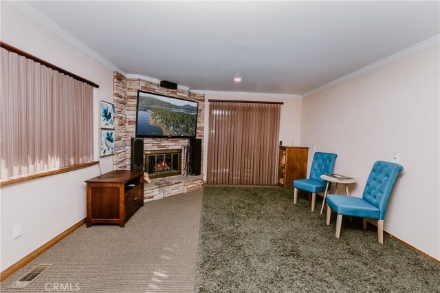41984 Mapleleaf Dr, Big Bear Lake, CA 92315 - living area with ornamental molding, carpet, a fireplace, and baseboards