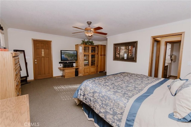 carpeted bedroom with ceiling fan and crown molding