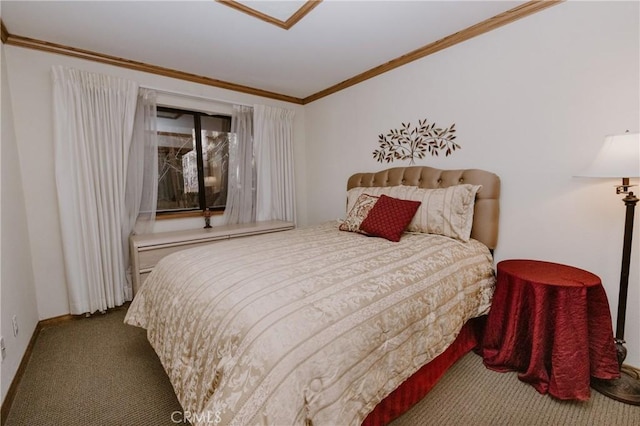 bedroom with carpet flooring and ornamental molding