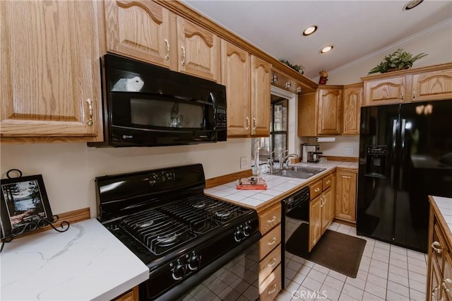 41984 Mapleleaf Dr, Big Bear Lake, CA 92315 - kitchen with black appliances, a sink, ornamental molding, tile countertops, and light tile patterned flooring