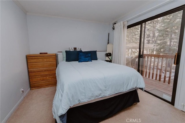 bedroom with access to outside, light carpet, and ornamental molding