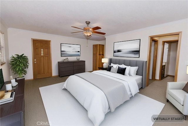 41984 Mapleleaf Dr, Big Bear Lake, CA 92315 - bedroom featuring light colored carpet, ornamental molding, a ceiling fan, and baseboards