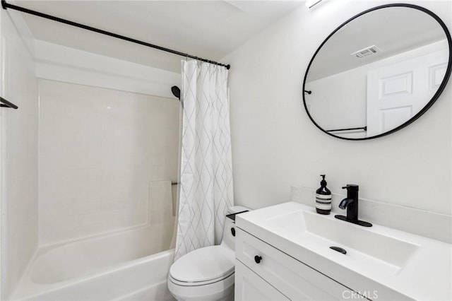 full bathroom with toilet, vanity, and shower / tub combo with curtain