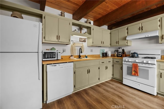 kitchen with under cabinet range hood, white appliances, wood finished floors, a sink, and beam ceiling