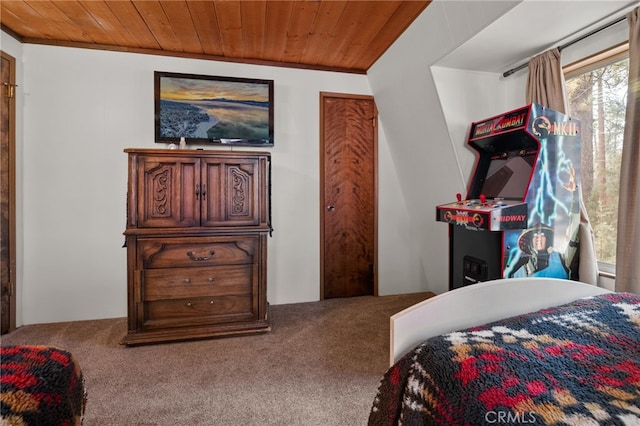 bedroom featuring carpet flooring and wood ceiling