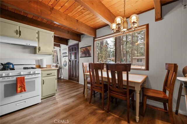 kitchen with decorative light fixtures, white range with gas stovetop, wood ceiling, and green cabinetry