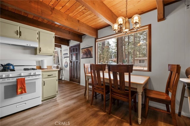 kitchen featuring wooden ceiling, under cabinet range hood, white range with gas stovetop, and beamed ceiling