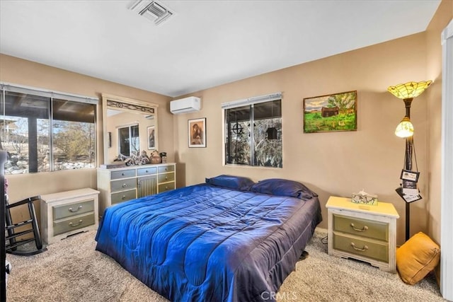 bedroom with light carpet and a wall mounted AC