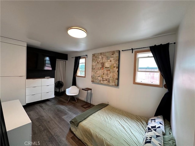 bedroom with dark hardwood / wood-style floors and multiple windows