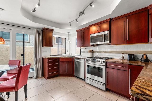 kitchen with decorative light fixtures, decorative backsplash, a tray ceiling, and stainless steel appliances