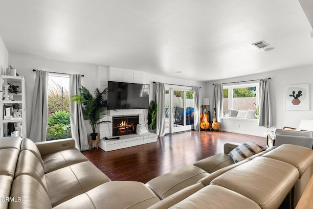 living room with hardwood / wood-style floors and a fireplace